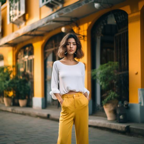 黃色褲子配什么顏色衣服，黃藍撞色與奶油棕調，黃色褲子的夏日配色靈感