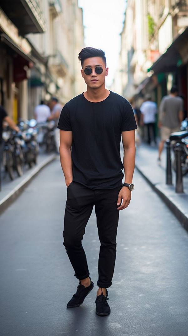 黑色短袖配藍(lán)色牛仔褲，黑藍(lán)經(jīng)典搭配夏日潮流休閑風(fēng)范