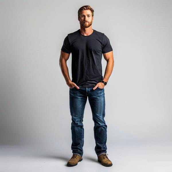 黑色短袖配藍(lán)色牛仔褲，黑藍(lán)經(jīng)典搭配夏日潮流休閑風(fēng)范