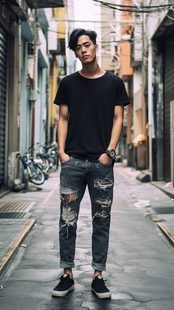 黑色短袖配藍(lán)色牛仔褲，黑藍(lán)經(jīng)典搭配夏日潮流休閑風(fēng)范