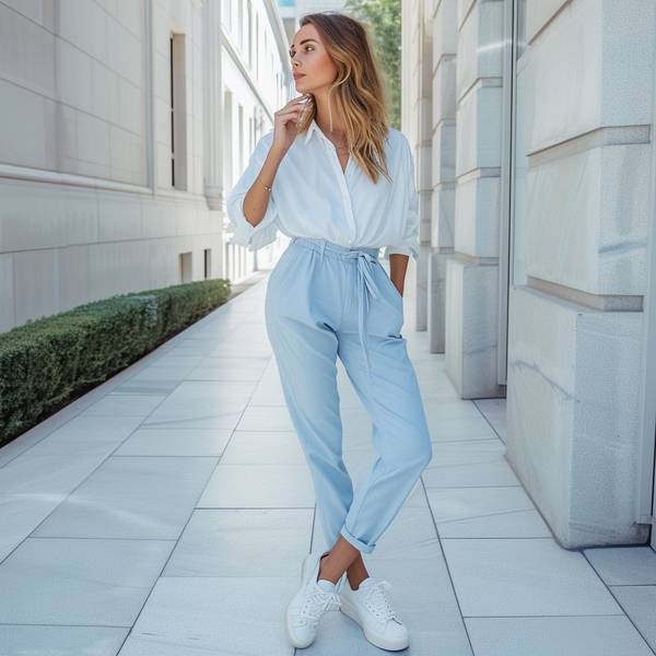 藍色褲子配什么顏色上衣好看，優雅藍褲穿搭指南：從牛仔藍到克萊因藍的配色方案