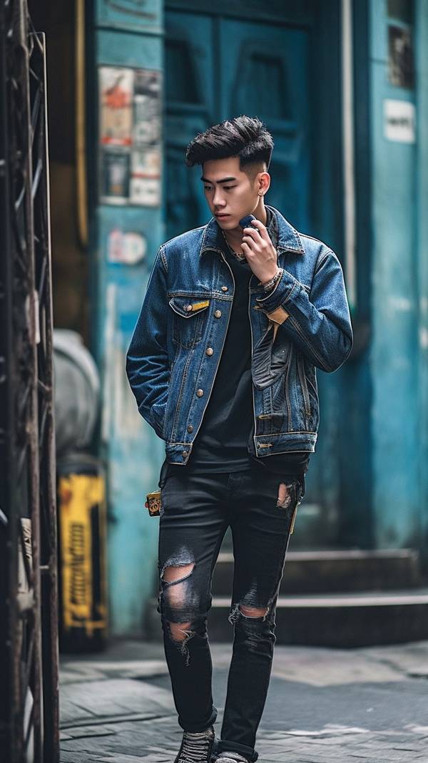 男生藍(lán)色牛仔褲配什么上衣，男生藍(lán)色牛仔褲穿搭指南，百搭上衣款式全解析