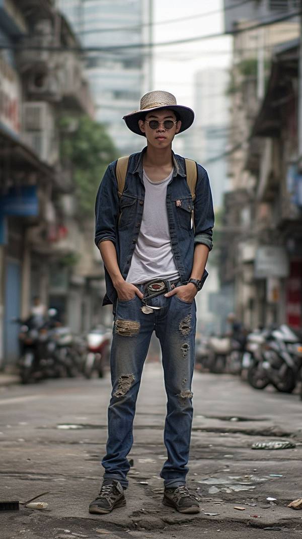 男生藍(lán)色牛仔褲配什么上衣，男生藍(lán)色牛仔褲穿搭指南，百搭上衣款式全解析