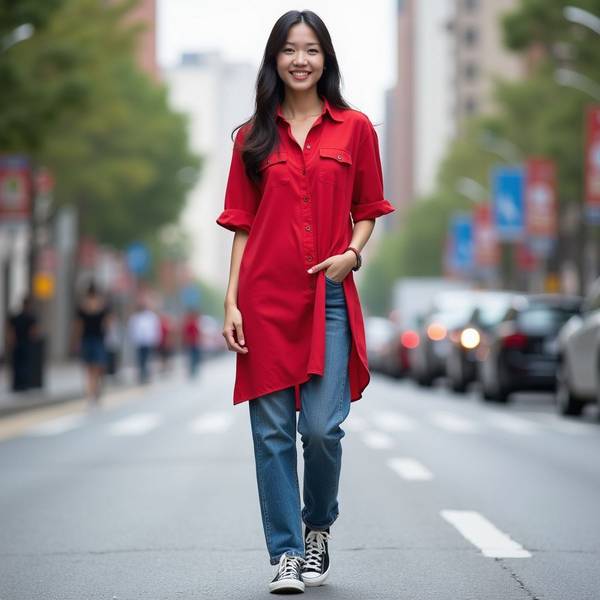 紅色上衣配什么褲子，純白牛仔褲配紅上衣，顯白又時髦