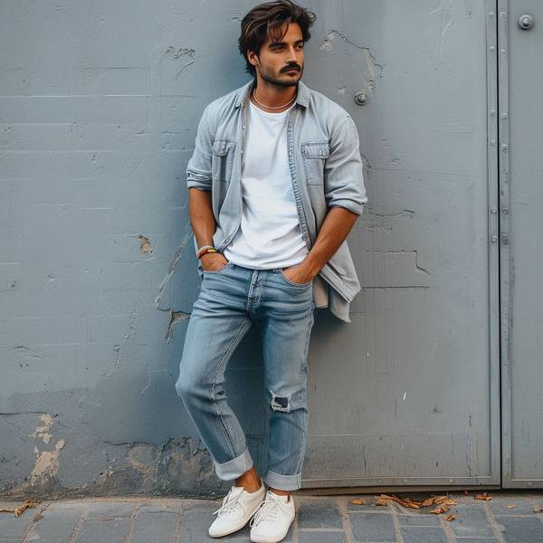 男生藍(lán)色牛仔褲配什么上衣，男生藍(lán)色牛仔褲穿搭指南，百搭上衣款式全解析